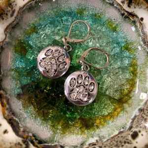 Paw print silver tone rhinestone bling earrings